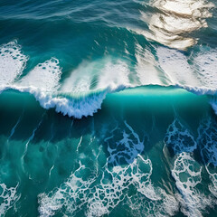 Aerial view beautiful of sea waves from drone. Stock image of blue color of ocean water, sea surface, sunset. Top view on turquoise waves, clear water surface texture.