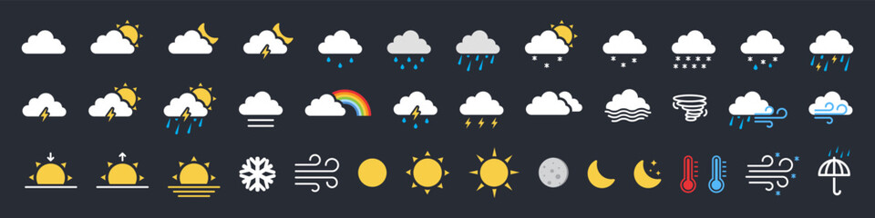 weather web icon set. weather , clouds, sunny day, moon, snowflakes, wind, sun day. forecast weather