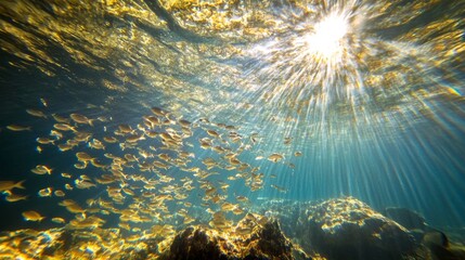 Poster - An underwater shot of a school of small fish creating a mesmerizing pattern as they move through the sunlight-dappled waters of a tropical lagoon