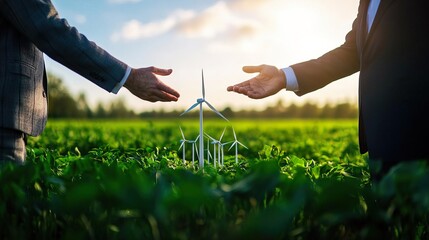 Two businessmen shaking hands in front of wind turbines, symbolizing partnership in renewable energy.