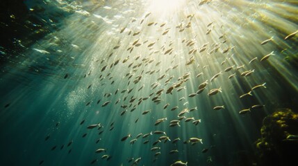 Poster - An underwater shot of a school of small fish creating a mesmerizing pattern as they move through the sunlight-dappled waters of a tropical lagoon