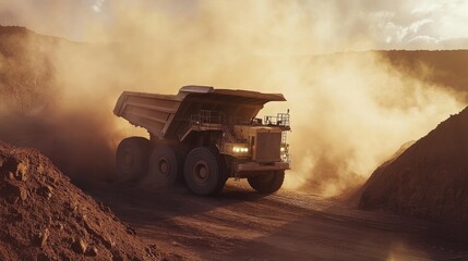 a large haul truck loaded with iron ore driving out of an open-pit mine, dust clouds following behin