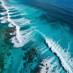 Aerial view beautiful of sea waves from drone. Stock image of blue color of ocean water, sea surface, sunset. Top view on turquoise waves, clear water surface texture.