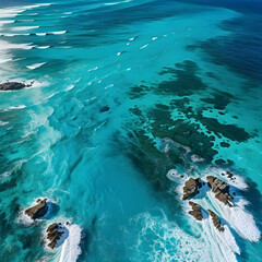 Aerial view beautiful of sea waves from drone. Stock image of blue color of ocean water, sea surface, sunset. Top view on turquoise waves, clear water surface texture.