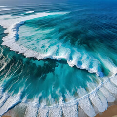 Aerial view beautiful of sea waves from drone. Stock image of blue color of ocean water, sea surface, sunset. Top view on turquoise waves, clear water surface texture.