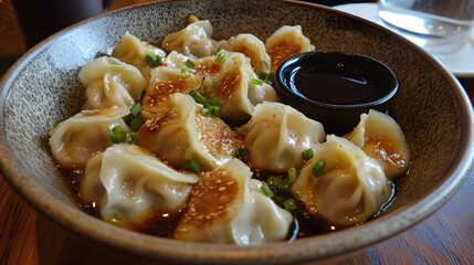 19. A bowl of Chinese dumplings with dipping sauce