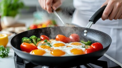 chef cooking delicious sunny-side-up eggs with tomatoes and broccoli in a non-stick pan, healthy breakfast food preparation concept