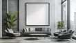 © Vongvilay - Rectangular frame poster mockup and empty concrete wall in the waiting room of the hospital with modern scandinavian style furniture and big window, loft interior decoration.