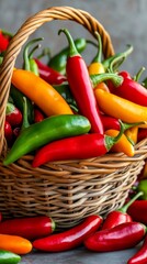 Sticker - basket of colorful chili peppers, fresh red green yellow chili peppers in wicker basket, spicy food ingredients, hot peppers harvest, organic chili peppers.