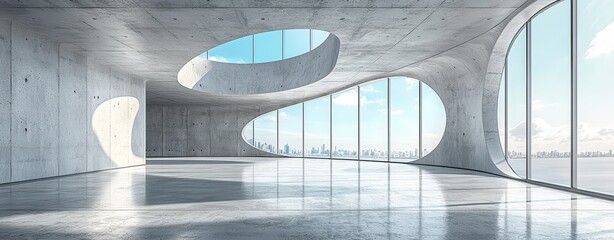 Poster - The mockup environment represents an empty abstract architecture building with an open courtyard, white showcase area, and curved walls in a museum plaza or display showroom