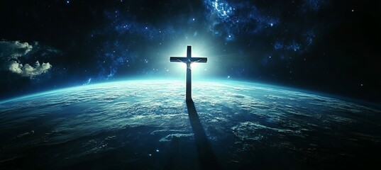 Jesus Cross over planet earth horizon with sunlight. Religion faith worship spirituality concept. Generative AI technology.