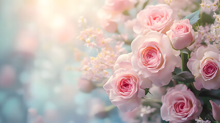 Canvas Print - Delicate blooming festive roses and light pink flowers background blossoming rose flower soft pastel frame bouquet floral card selective focus 