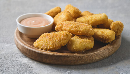 Tasty fried fish fillet nuggets on wooden plate with bowl of sauce. Delicious meal for dinner.