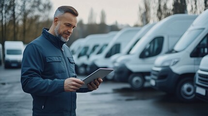 Manager of a delivery company uses a digital tablet to inspect cargo vans before shipments