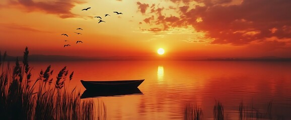 A single boat floats on a still lake at sunset, with the sun setting behind the clouds.