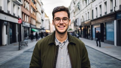 A handsome young man standing and smiling at the camera in an urban European city setting.