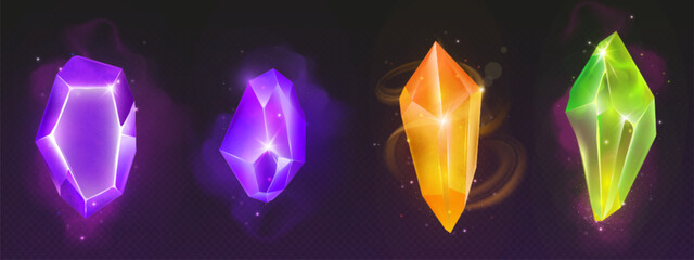 Wall Mural - magic neon glowing colour gem stone crystal on black background. realistic 3d vector illustration se