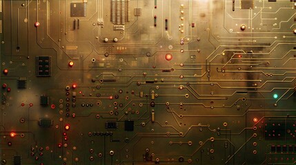 Poster - Close-up of Golden Circuit Board with Glowing Lights and Microchips