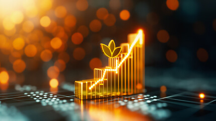 Poster - A visual representation of a rising growth chart featuring a plant, illustrating the concept of sustainable financial development amidst an abstract, warm bokeh backdrop