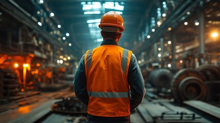 Poster - A man in a safety vest stands in a large industrial building
