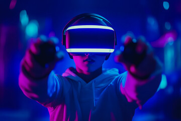 Young man using VR headset and controller, excited and focused, blue-purple gradient background