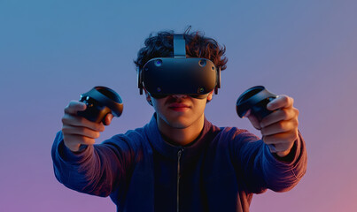 Young man using VR headset and controller, excited and focused, blue-purple gradient background