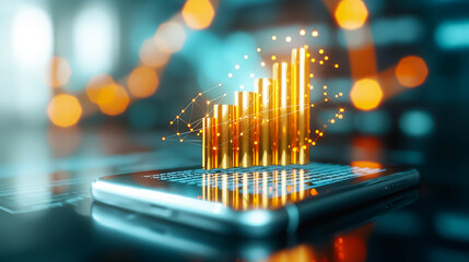 Poster - A smartphone shows rising golden bar graphs representing financial growth, set against a blurred, contemporary office background with colorful lights