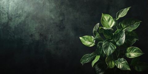 A leafy green plant is the main focus of the image, with a dark background