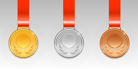 Poster - Gold, silver and bronze medal with laurel wreath pattern on red ribbon. Realistic 3d vector set of championship awards and trophy. glossy shiny round reward badge. Contest or tournament achievement.