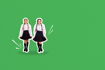 Sticker - Composite photo collage of two happy school classmates girls dance show skirt uniform september fall isolated on painted background