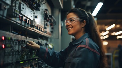 Sticker - A plump female engineer wearing protective goggles, 