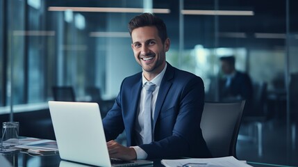 Poster - A smiling investment executive in a sleek modern office setting with glass walls, 