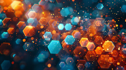 Wall Mural - Abstract bokeh lights in warm orange and blue tones with hexagonal shapes.