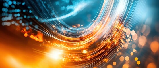 Aufkleber - Dynamic abstract background with flowing light patterns in vibrant orange and blue hues, ideal for tech and creative designs.