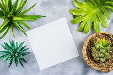 Poster - An empty white rectangle horizontal poster mockup lying diagonally on a neutral grey concrete background. A flat lay, isometric view.