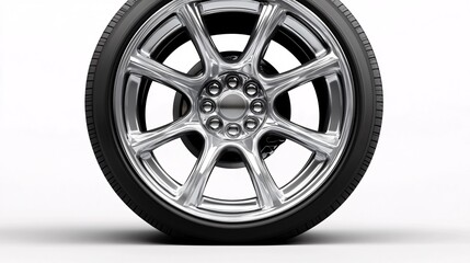 Shiny chrome rimmed car wheel on a white background