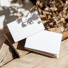 Poster - On a beige background, a blank paper sheet card with mockup copy space and wooden tray with shadows of sunlight is shown. This is a minimal business brand template for a brand name.