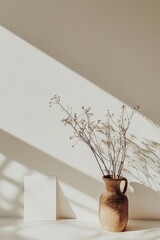 Poster - This is a blank paper sheet card with mockup copy space and a clay pot with dry wheat bouquet with sunlight shadow on a white background.