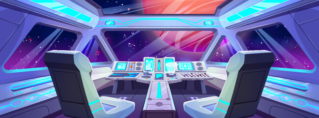 Poster - Spaceship cockpit interior. Vector cartoon illustration of space shuttle cabin flight in night sky, pilot seats, computer dashboard with buttons and displays, planet and stars seen through windshield