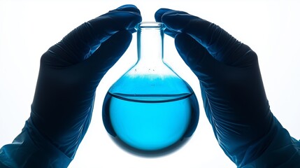 Poster - a scientist carefully holds a beaker filled with vibrant blue liquid in a laboratory setting during 