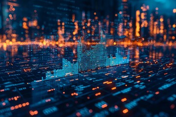 Poster - Illustration of a stock market and a fintech forex interface. Blurry blue digital charts on dark blue background. Futuristic financial interface. 3D render illustration.