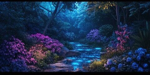 Canvas Print - A magical forest stream glowing blue at night.