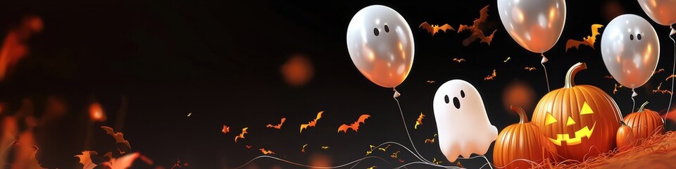 Wall Mural - Colorful Halloween scene for event posters with helium ghost balloons and party atmosphere.