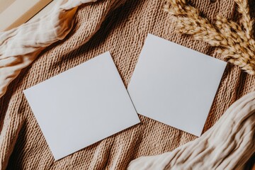 Poster - This flat lay of an aesthetic Parisian style business branding template consists of a blank paper sheet card with mockup copy space, a dry flowers branch and cloth on a neutral beige background. This