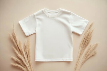 Sticker - This is a mock-up for a design or logo on a beige background. This is a flat lay child outfit with palm leaves.