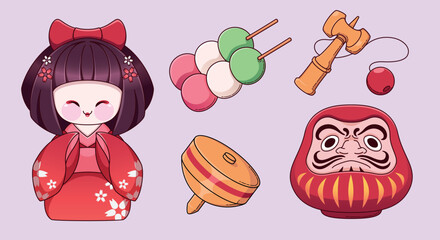 Traditional Japanese New Year celebration elements set. Cartoon vector daruma doll and kokeshi geisha girl figurine in red kimono, spinning top koma and kendama toy, dango rice balls on skewer.