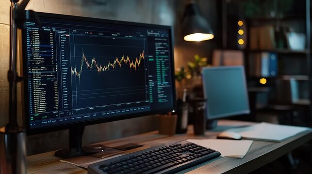 Price Action Day Trading Plan in computer screen in office room. copy space for text.
