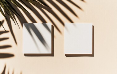 Poster - Two vertical postcard mockups with overlay palm shadows on a neutral background. White blank card for 3D rendering.