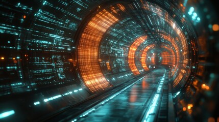 Poster - Futuristic illuminated tunnel with glowing patterns at night
