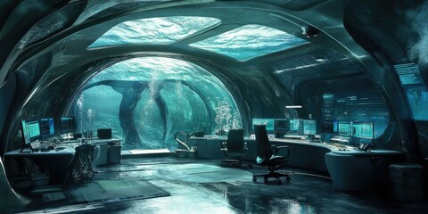 Canvas Print - Underwater office with computers and chairs.